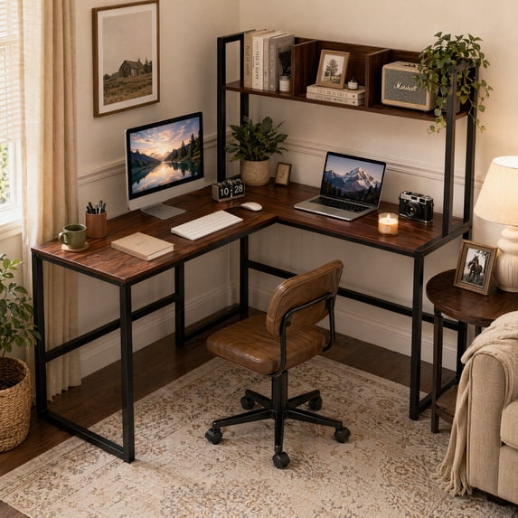 55" Reversible L-Shaped Desk with Storage Hutch, Wood Computer Desk for Home Office , Gaming,Walnut