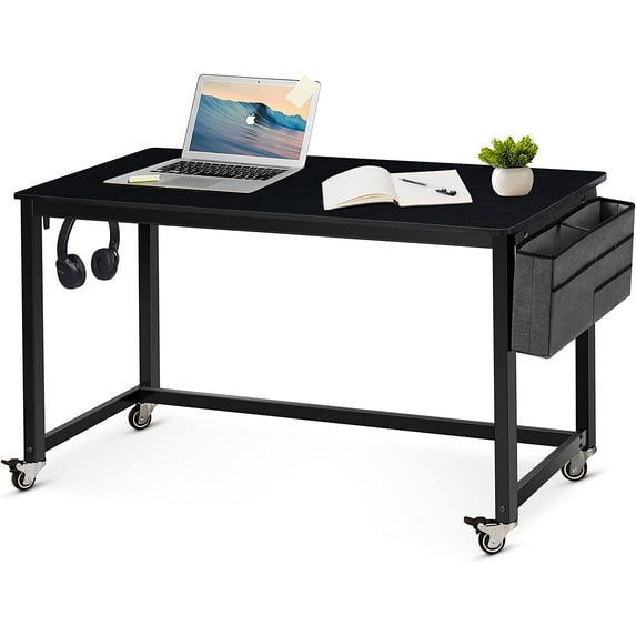 55" Rolling Computer Desk with 4 Smooth Wheels, Simple Style Mobile Writing Desk Home Office Study Table Movable Workstation with Metal Frame