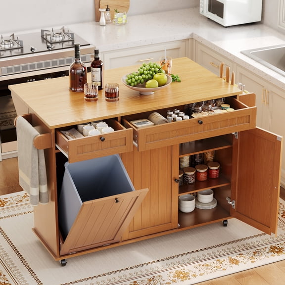 55" Rolling Kitchen Island Cart with Storage, Mobile Island Table on Wheels with Spice Rack, Towel Rack, Knife Holder & Trash Can Cabinet, Portable Brown Kitchen Island for Home and Office
