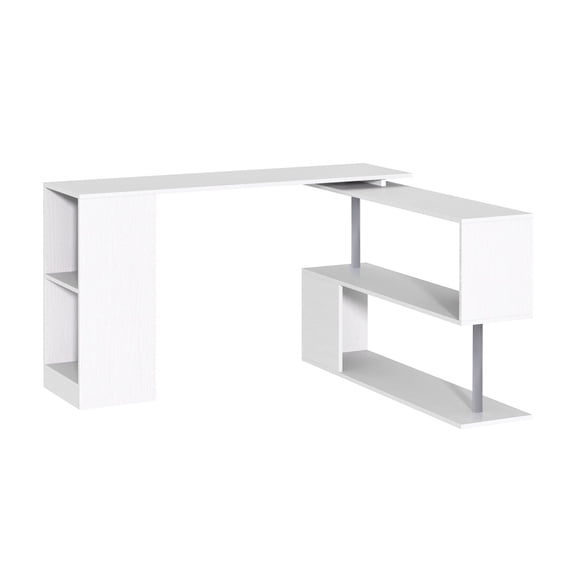 55" Rotating Corner Desk, L-Shaped Computer Workstation with Shelves - White