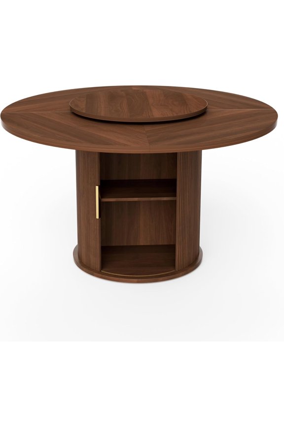 55'' Round Dining Table for 4-6, Mid-Century Modern Dining Room Table with Storage Racks, Rotating Tabletop Tray, Wooden Wavy-Striped Sliding Door, Circle Table for Living Room Kitchen, Walnut