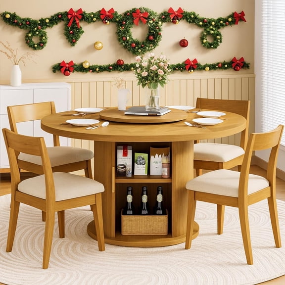 55" Round Dining Table for 6, Modern Mid-Century Dining Room/Kitchen Table with 360° Rotating Lazy Susan, Pedestal Storage & Wavy Sliding Doors, Rounded Edges, Easy-Clean Finish (Natural)