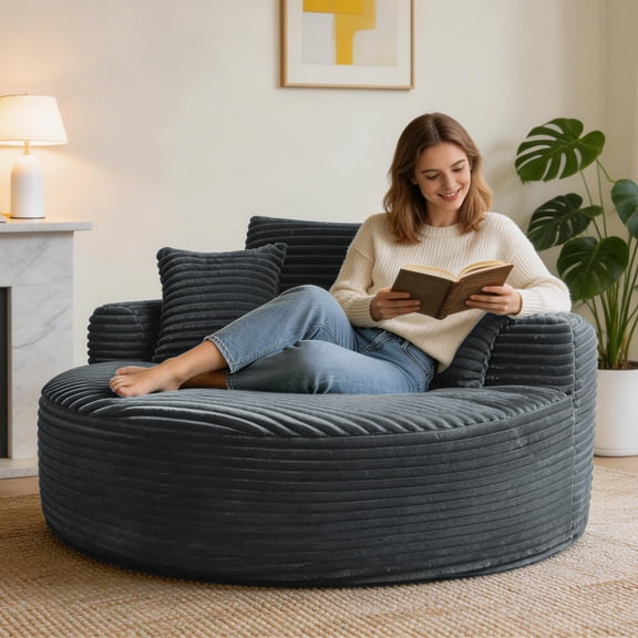 55" Round Lounge Chair, 450 LBS Weight Capacity, Foam Padded Corduroy Sofa Bed – For Living Room, Bedroom, Black, Green & Gray