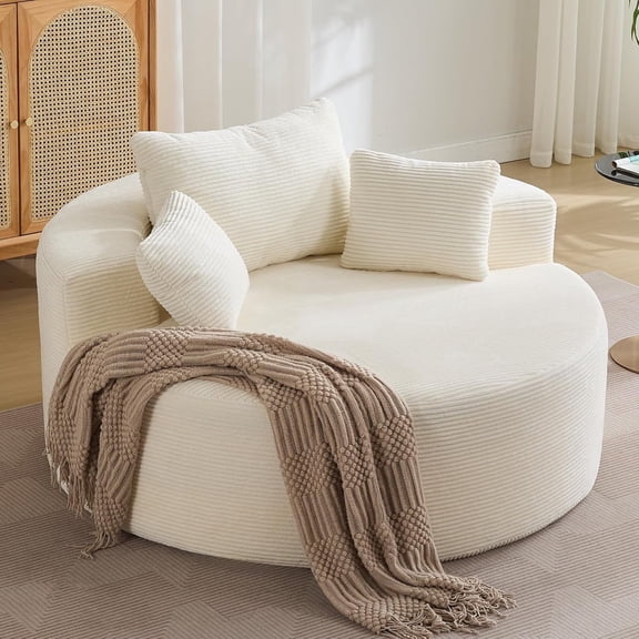 55'' Round Oversized Chaise Lounge Indoor Chair, No Assembly Corduroy Compressed Circle Sofa Bed,Comfy Upholstered Sleeper Couch,Lazy Bean Bag Couch for Living Room, Bedroom,Beige