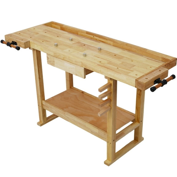 55" Rubber Wood Workbench, Heavy Duty Garage Workstation with Drawer & Shelves, 330lb Capacity for Woodworking, DIY Projects