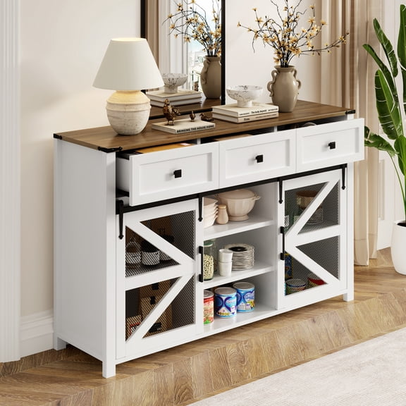 55" Sideboard Buffet Cabinet with 3 Drawers, Farmhouse Buffet Storage Cabinet with Sliding Barn Doors, Coffee Bar Cabinet Credenza for Living Room, White