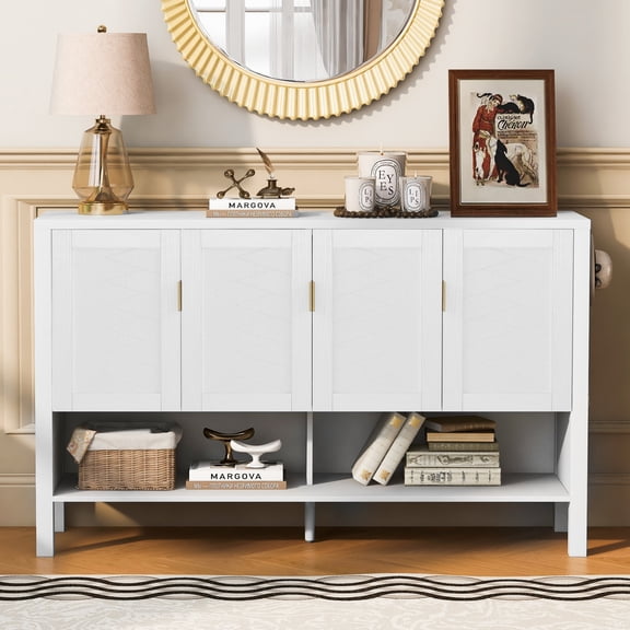 55" Sideboard Buffet Cabinet with Storage, 4 Door Design Buffet Cabinet with Open Shelf and 2-Tiers Adjustable Shelves, Modern Accent Coffee Bar Console Table for Living Room, Hallway, Dining, White