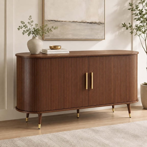 55" Sideboard Cabinet with Sliding Doors, Fluted Credenzas for Living Room, Walnut Buffet Cabinet with Gold Legs & Adjustable Shelves (Walnut)