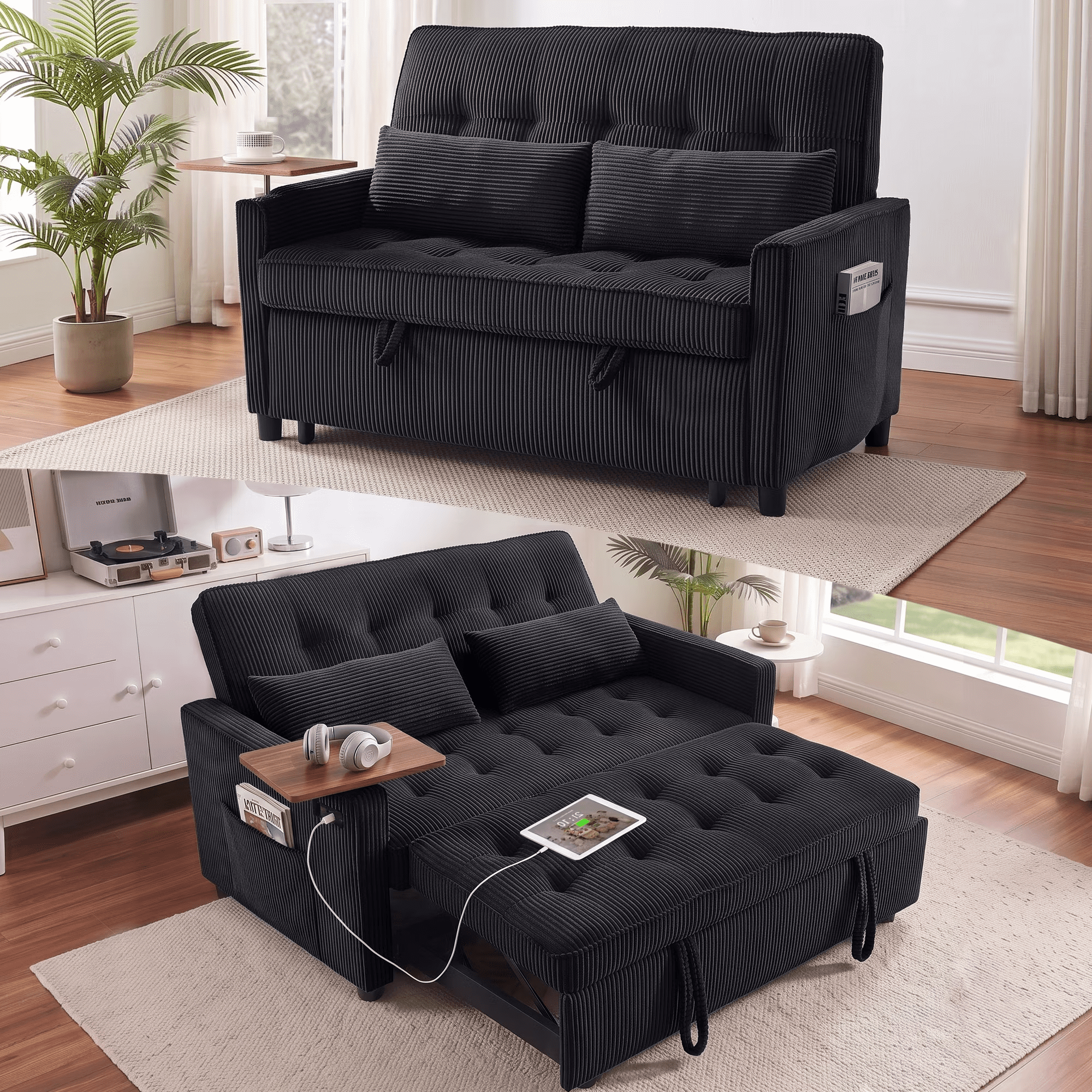 55" Sleeper Sofa Bed, Convertible Pull Out Couch with Side Stand, USB Ports, Side Pockets, Corduroy Fabric, Adjustable Backrest, Black