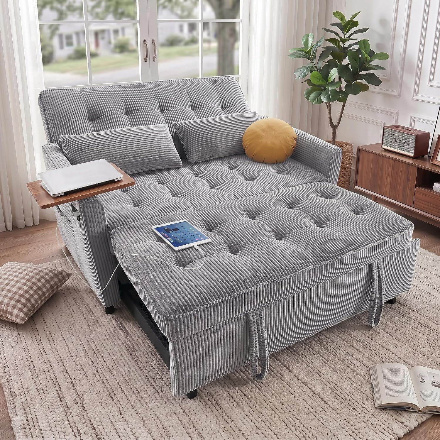 55" Sleeper Sofa Bed, Convertible Pull Out Couch with Side Stand, USB Ports, Side Pockets, Corduroy Fabric, Adjustable Backrest, Light Grey