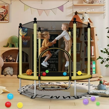 55" Small Trampoline for Kids ,4.6FT Indoor Outdoor Toddler Trampoline with Safety Enclosure and Basketball Hoop,Yellow
