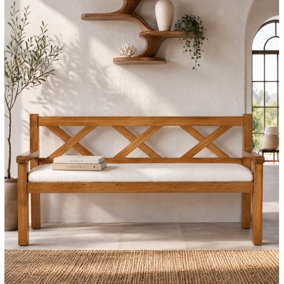 55" Solid Wood Dining Bench with Back, X-Back Bench with Plush Upholstered Seat, Wooden Bench with Arms for Dining Room, Kitchen & Entryway