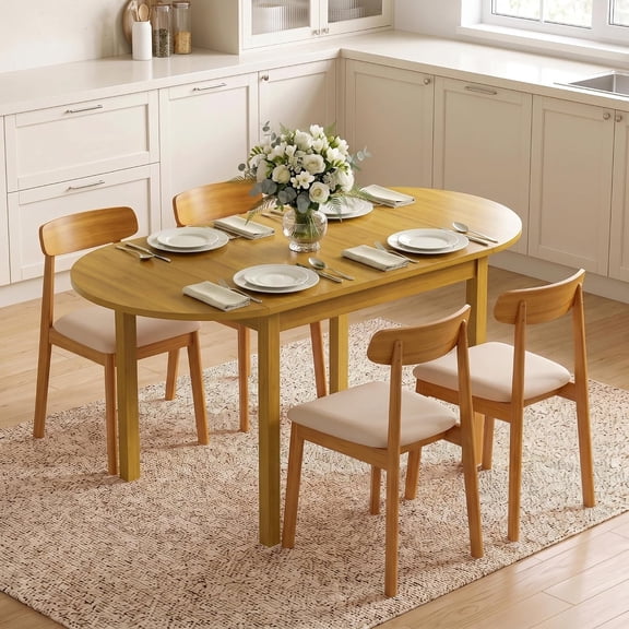 55" Solid Wood Folding Dining Table for 4-6 People. Oval Drop Leaf Dining Table, Small Extendable Kitchen Table for Living Room, Dining Room, Space Saving