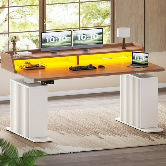 55" Standing Desk with LED Lights and Storage, Modern Fluted Stand Up Desk, Height Adjustable Home Office Desk