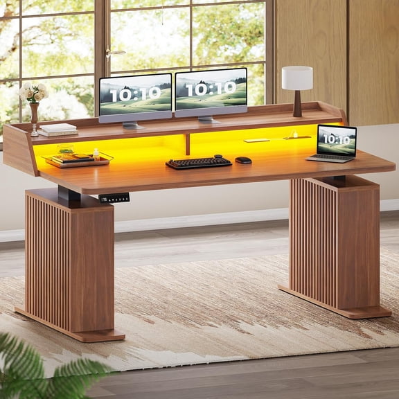55" Standing Desk with LED Lights and Storage, Modern Fluted Stand Up Desk, Height Adjustable Home Office Desk