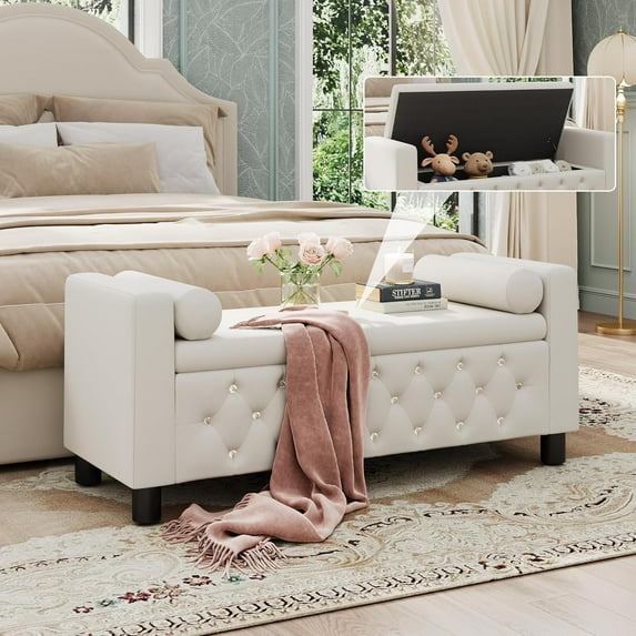 55" Storage Bench Ottoman End of Bed Bench Bedroom Bench, Linen Upholstered Storage Bench Accent Bench with Arms, 2 Pillows for Bedroom,Living Room, Entryway, Beige