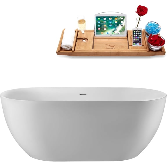55" Streamline G-113-410-BNK Soaking Glossy White Freestanding Tub With Internal Drain in Brushed Nickel