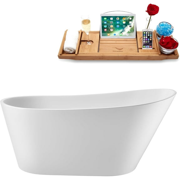 55" Streamline G-115-416-BBR Soaking Glossy White Freestanding Tub With Internal Drain in Brushed Brass