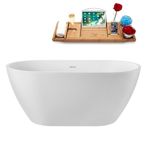 55" Streamline G-83-321-BBR Soaking Glossy White Freestanding Tub and Tray With Internal Drain in Brushed Brass