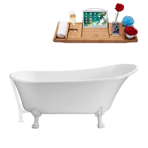 55" Streamline N343WH-WH Clawfoot Tub and Tray With External Drain