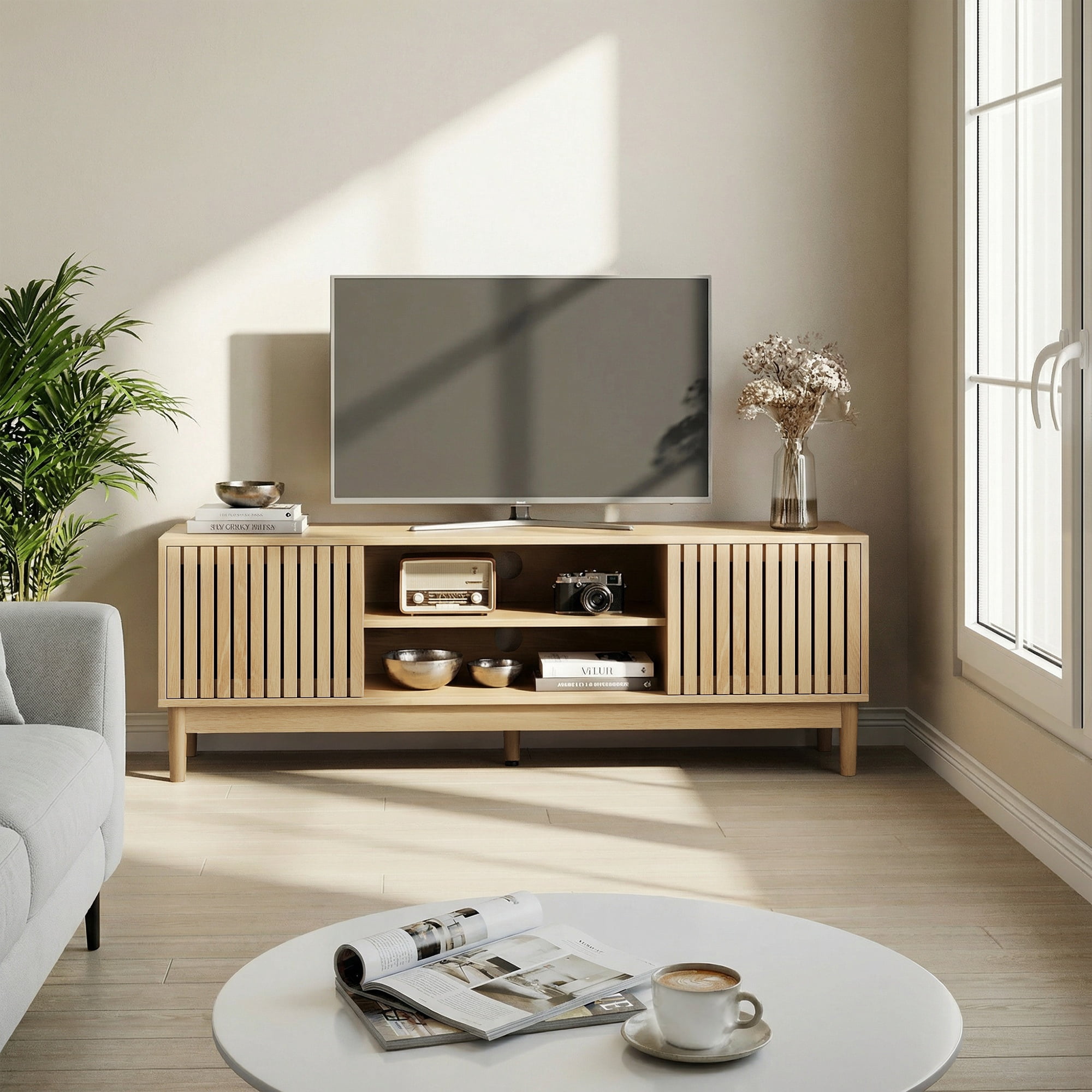 55" TV Stand, Mid-Century Modern Style TV Stand (Suitable For 55/65-Inch Tvs), Entertainment Center With Storage, Media Console for Living Room and Bedroom