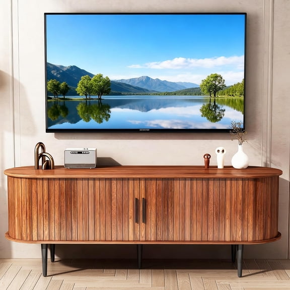 Kennkari 55" TV Stand with Sliding Doors for Living Room, TV Console with Storage Cabinet, Mid-Century Modern Style Entertainment Center, Media Console with Golden Handle (Walnut,55")