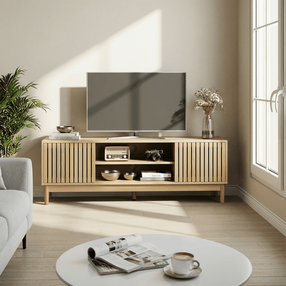55" TV Stand for TVs up to 65",Mid Century Modern Entertainment Center with Storage,Media Console with Storage Cabinet,Wooden TV Console for Living Room,Bedroom,Oak