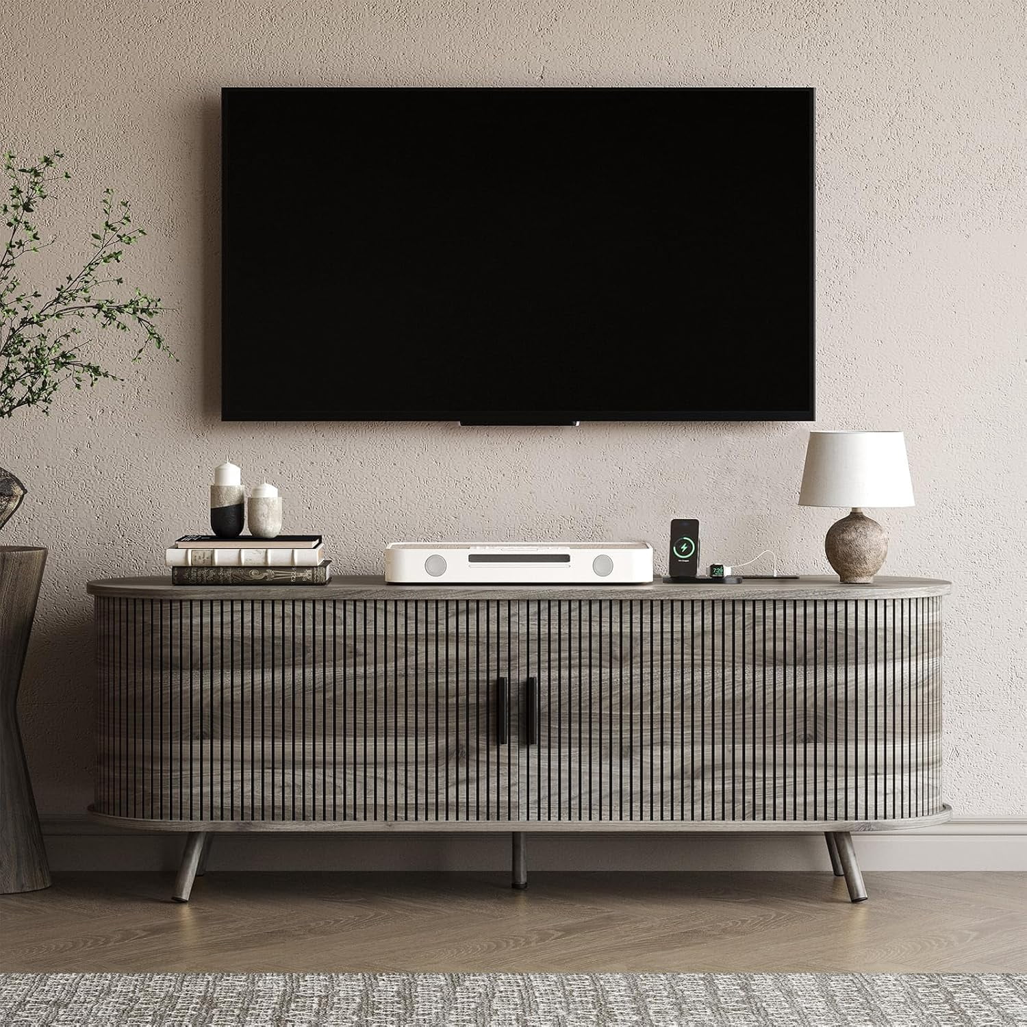 55" TV Stand with Power Outlet, Modern Media Console with Sliding Doors, Entertainment Center for TVs up to 60 Inch, Adjustable Shelves, Grey