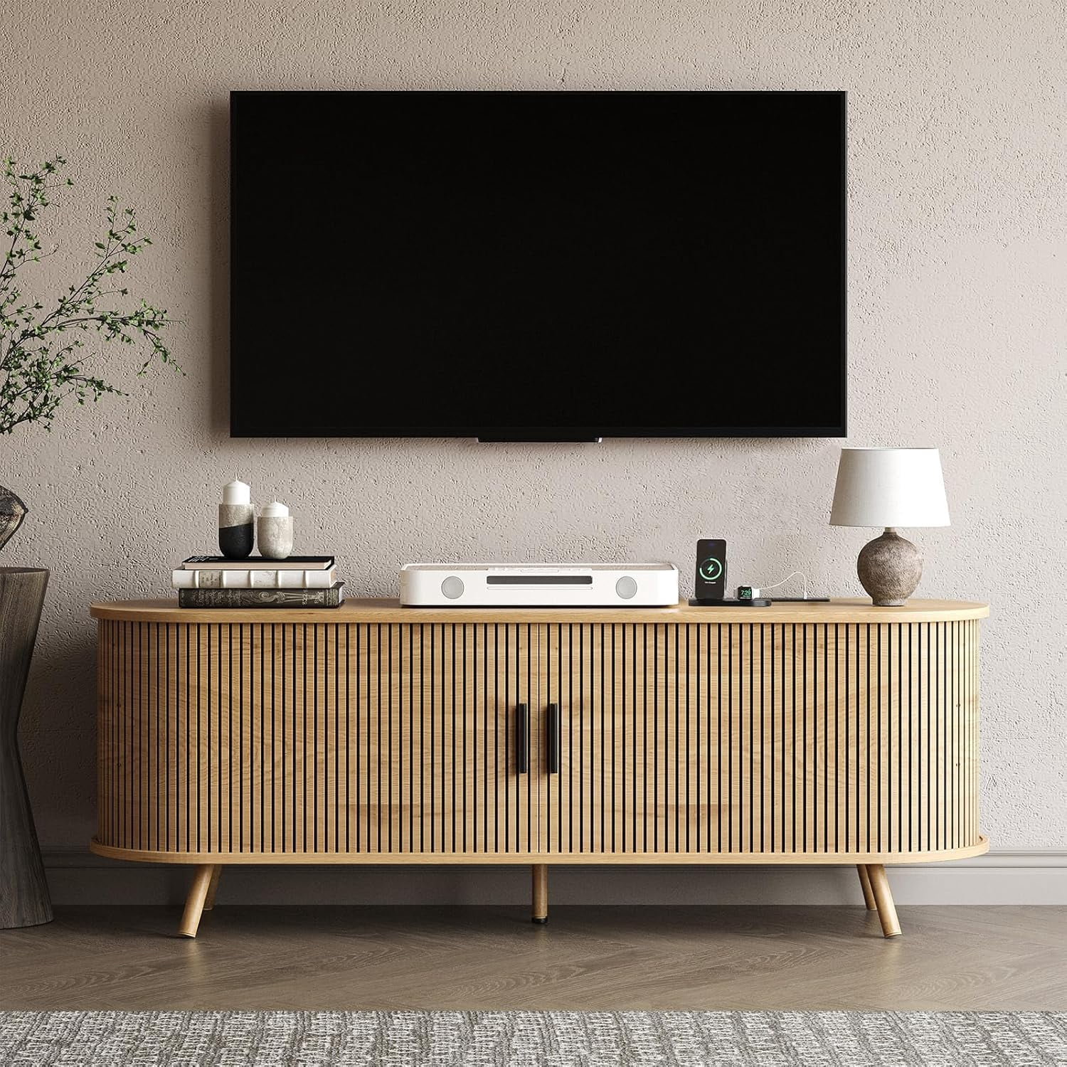 55" TV Stand with Power Outlet, Modern Media Console with Sliding Doors, Entertainment Center for TVs up to 60 Inch, Adjustable Shelves, Nature Oak