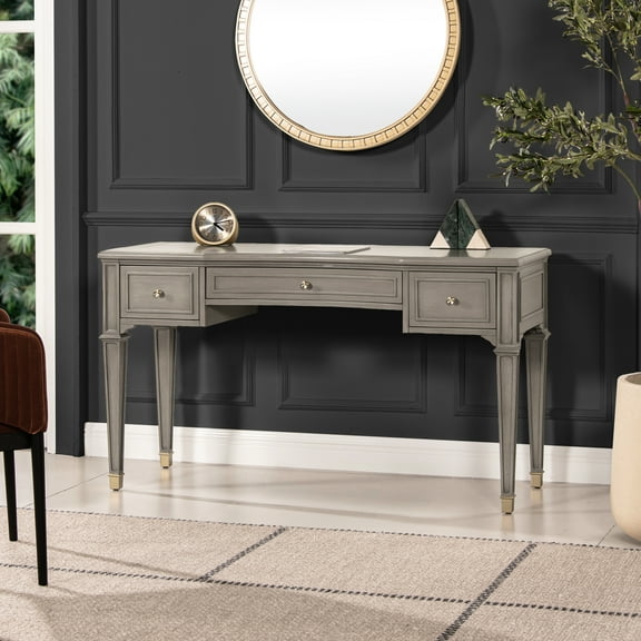 55" Table In Grey Cashmere. Solid Wood & . 3 Drawers With . Satin-gold Pull Accessories. Minimal Leg Assembly. 56.58in D X 19.02in W 30.33in H. 82.37lb Cashmere Office Desk. Structure. Soft-close