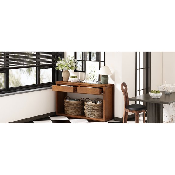 55" Table With Elegant Pattern - Honey Finish Rustic Wood Storage And Display Shelf For Living Room Decoration Console Color Open
