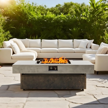 55" Tabletop Propane Fire Pit, 50,000 BTU Outdoor Firepit Table with 3 Height Options, Cement Texture Patio Heater for Balcony, Garden & Backyard