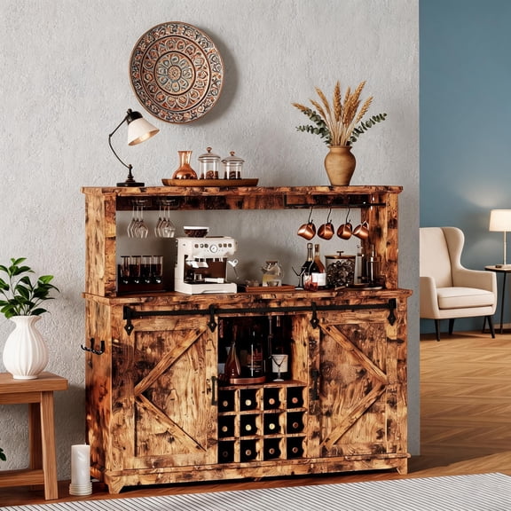 55" Tall Farmhouse Coffee Bar Cabine, with Sliding Barn Door
