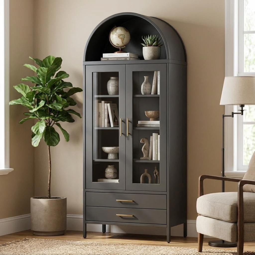 55" Tall Kitchen Pantry Cabinet, Arched Display with Glass Doors, 2 Drawers & Adjustable Shelves for Living, Dining Room, Black