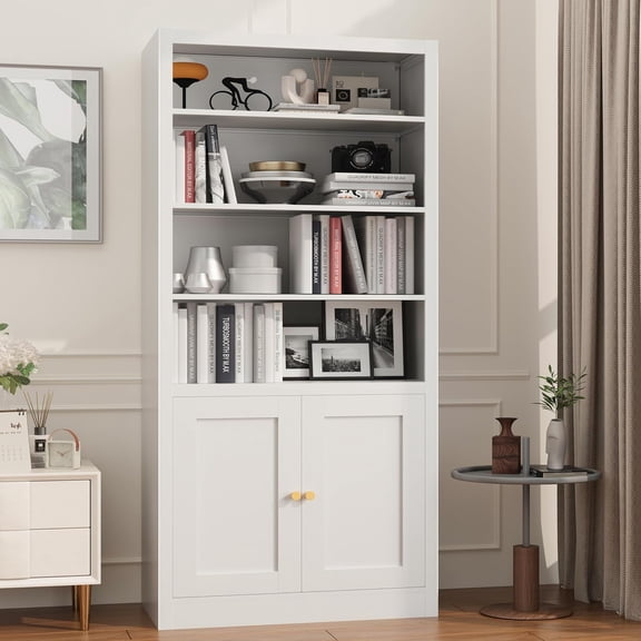 55" Tall Metal Bookcase,Heavy Duty Bookcases with Doors,Sturdy Modern Book Shelf with Cabinet,Industrial Display Book Case for Living Room,Office,Bedroom,White