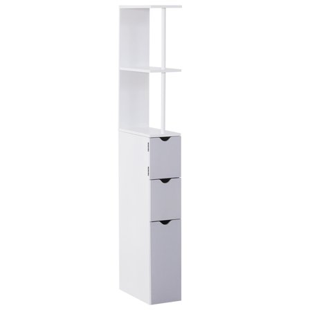 55" Tall Narrow Bathroom Cabinet, Freestanding Linen Storage Tower with 2 Shelves and Drawers, White
