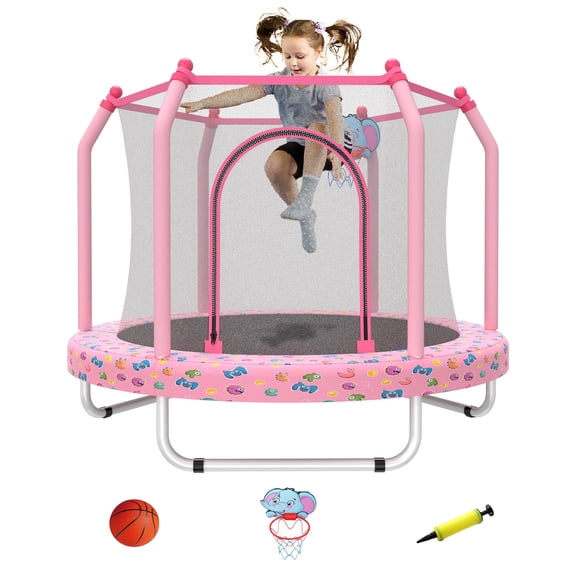 55" Toddler Trampoline Indoor/Outdoor for Kids, Shinpt Mini Trampoline for Backyard, Recreational Trampoline with Basketball Hoop, Outdoor Toddler Toy with Enclosure Net, Indoor Bounce House for Gift
