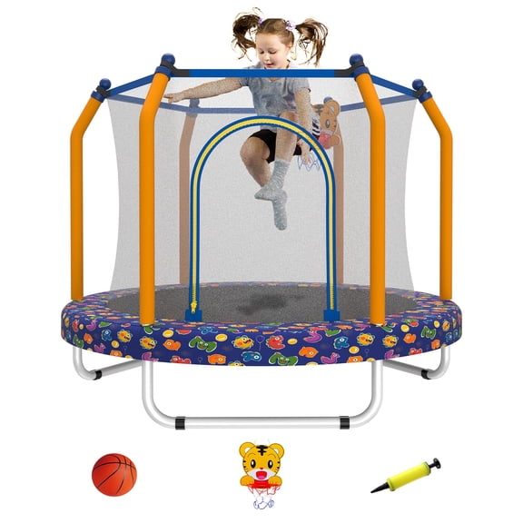 55" Toddler Trampoline Indoor/Outdoor for Kids, Shinpt Mini Trampoline for Backyard, Recreational Trampoline with Basketball Hoop, Outdoor Toddler Toy with Enclosure Net, Indoor Bounce House for Gift