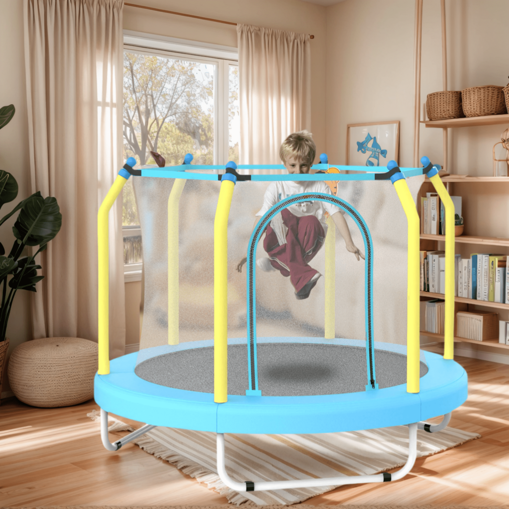 55" Toddler Trampoline with Enclosure Net, SHINPT Child's Mini Trampoline with Basketball Hoop, Round Recreational Tranpolines for Birthday Gifts, Kids Trampoline for Aged 3-6, Indoor & Outdoor