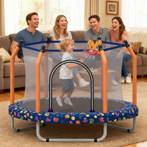 55" Toddler Trampoline with Enclosure Net, SHINPT Child's Mini Trampoline with Basketball Hoop, Round Recreational Tranpolines for Birthday Gifts, Kids Trampoline for Aged 3-6, Indoor & Outdoor
