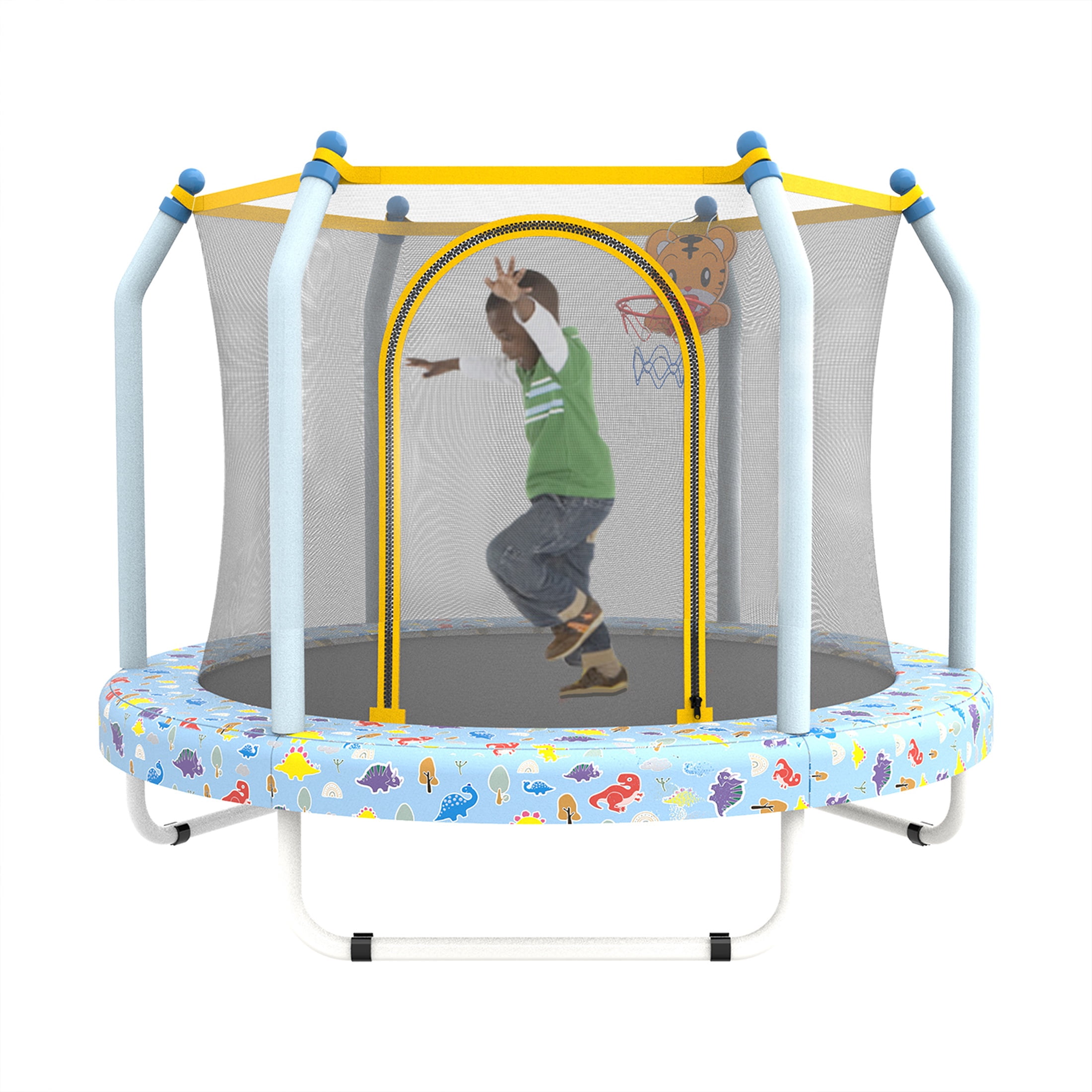 55" Toddler Trampoline with Enclosure Net, SHINPT Child's Mini Trampoline with Basketball Hoop, Round Recreational Tranpolines for Birthday Gifts, Kids Trampoline for Aged 3-6, Indoor & Outdoor