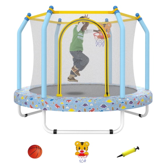 55" Toddler Trampoline Indoor/Outdoor for Kids, Shinpt Mini Trampoline for Backyard, Recreational Trampoline with Basketball Hoop, Outdoor Toddler Toy with Enclosure Net, Indoor Bounce House for Gift