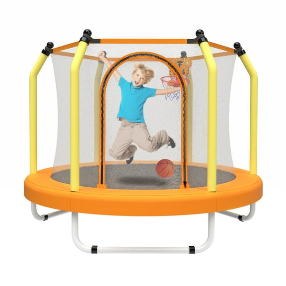 55" Toddler Trampoline Indoor/Outdoor for Kids, Shinpt Mini Trampoline for Backyard, Recreational Trampoline with Basketball Hoop, Outdoor Toddler Toy with Enclosure Net, Indoor Bounce House for Gift
