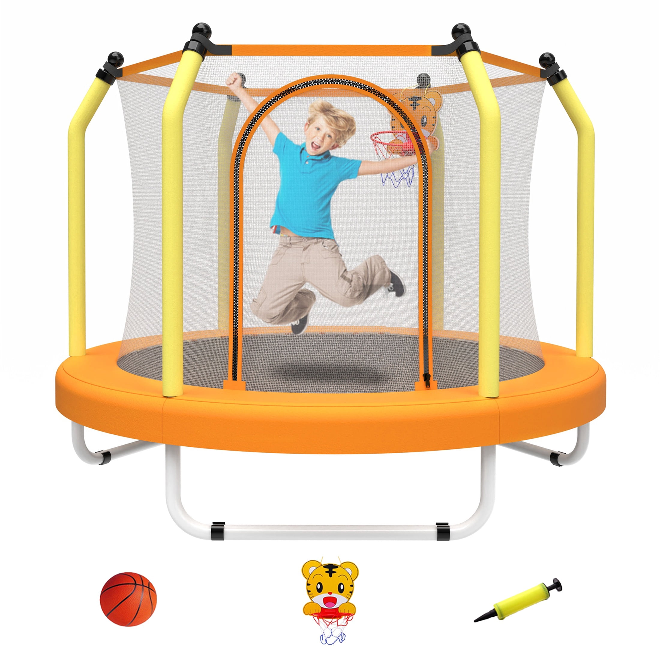 55" Toddler Trampoline Indoor/Outdoor for Kids, Shinpt Mini Trampoline for Backyard, Recreational Trampoline with Basketball Hoop, Outdoor Toddler Toy with Enclosure Net, Indoor Bounce House for Gift