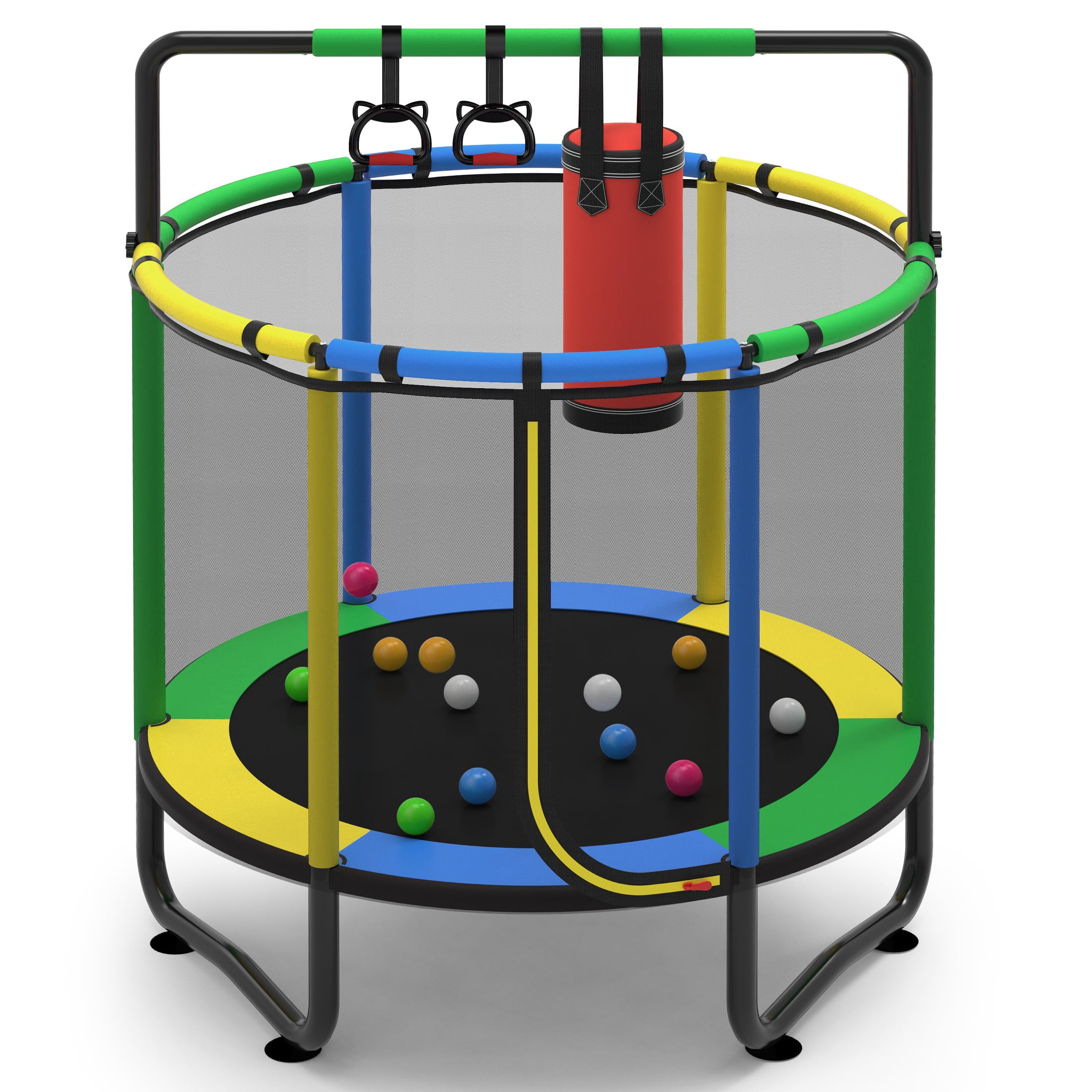 55" Toddler Trampoline, Activity Center with Gym Bar, Punching Bag, Rings, Ball Pit, Kids Trampoline, Indoor Toddler Play Gym, Mini Trampoline for Ages 3–6, 110lbs Weight Capacity, Green