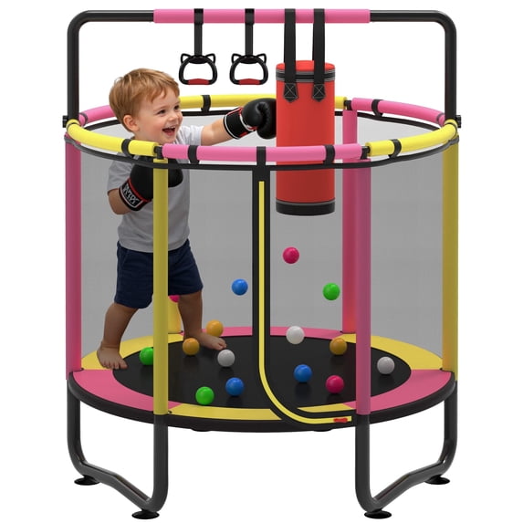 55" Toddler Trampoline for Kids with Basketball Hoop, SHINPT Indoor Outdoor Kids Trampoline with Enclosure Net, Basketball, Small Trampoline Gift for Boys Girls, Mini Trampoline for Kids