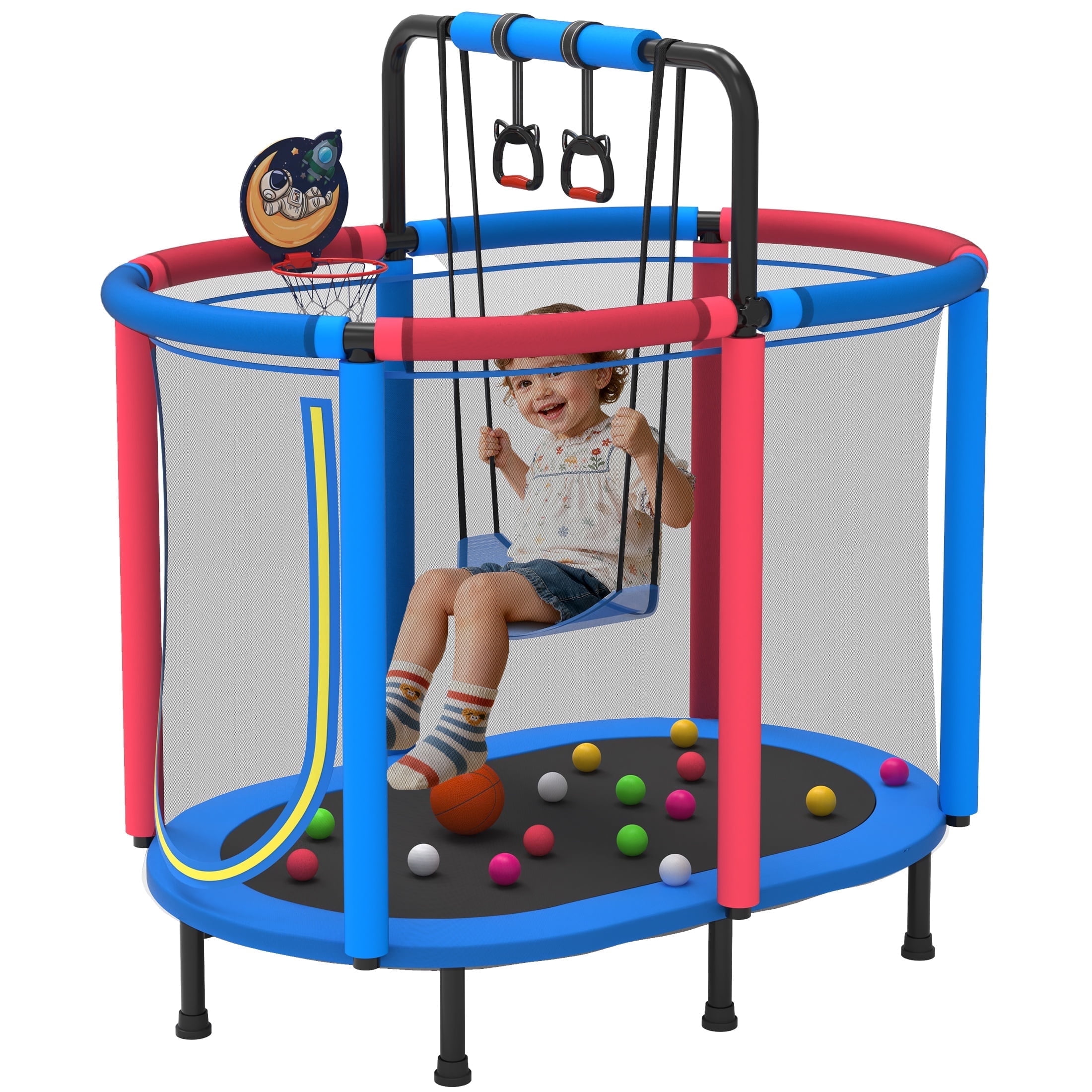 60" Toddler Trampoline with Safety Enclosure Net, SEGMART Upgraded Kids Trampoline with Basketball Hoop, Swing, Rings, Balls, Indoor Outdoor Mini Trampoline Birthday Gift for Kids Ages 3-9
