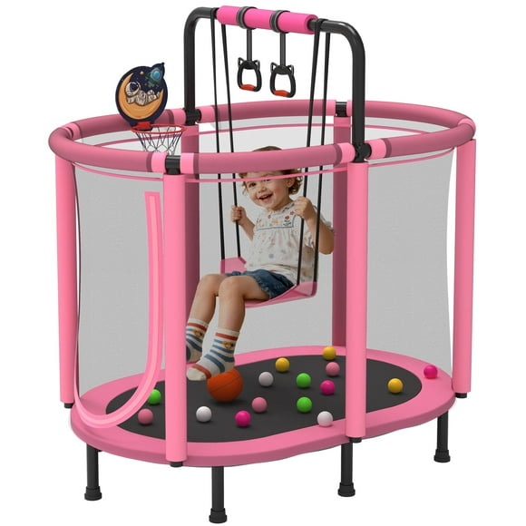 60" Toddler Trampoline with Safety Enclosure Net, SEGMART Upgraded Kids Trampoline with Basketball Hoop, Swing, Rings, Balls, Indoor Outdoor Mini Trampoline Birthday Gift for Kids Ages 3-9