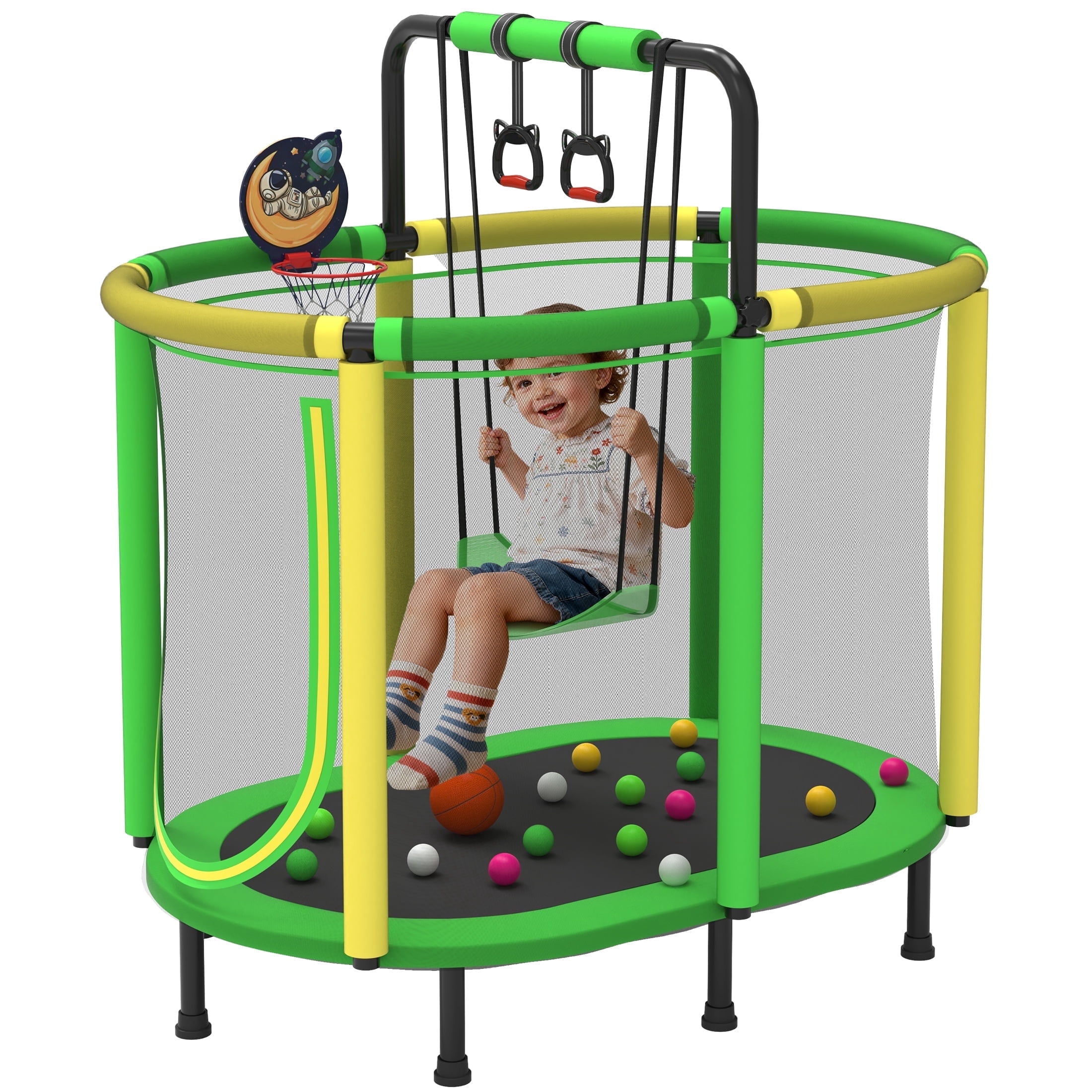 60" Toddler Trampoline with Safety Enclosure Net, SEGMART Upgraded Kids Trampoline with Basketball Hoop, Swing, Rings, Balls, Indoor Outdoor Mini Trampoline Birthday Gift for Kids Ages 3-9