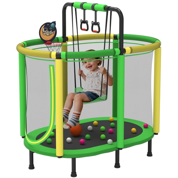 60" Toddler Trampoline with Safety Enclosure Net, SEGMART Upgraded Kids Trampoline with Basketball Hoop, Swing, Rings, Balls, Indoor Outdoor Mini Trampoline Birthday Gift for Kids Ages 3-9